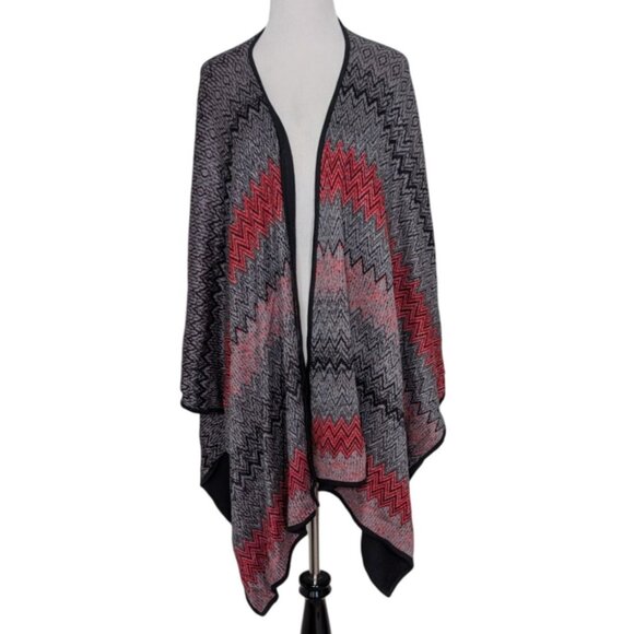 Ming Wang Chevron Shawl Womens One Size Black Red Knit Heavy Open Front Shrug - Picture 1 of 11
